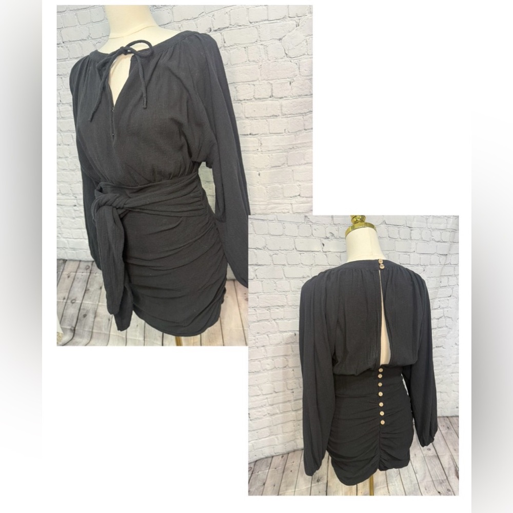 Free People - The Only One Black Mini Dress with Open Back & Button Detail Small